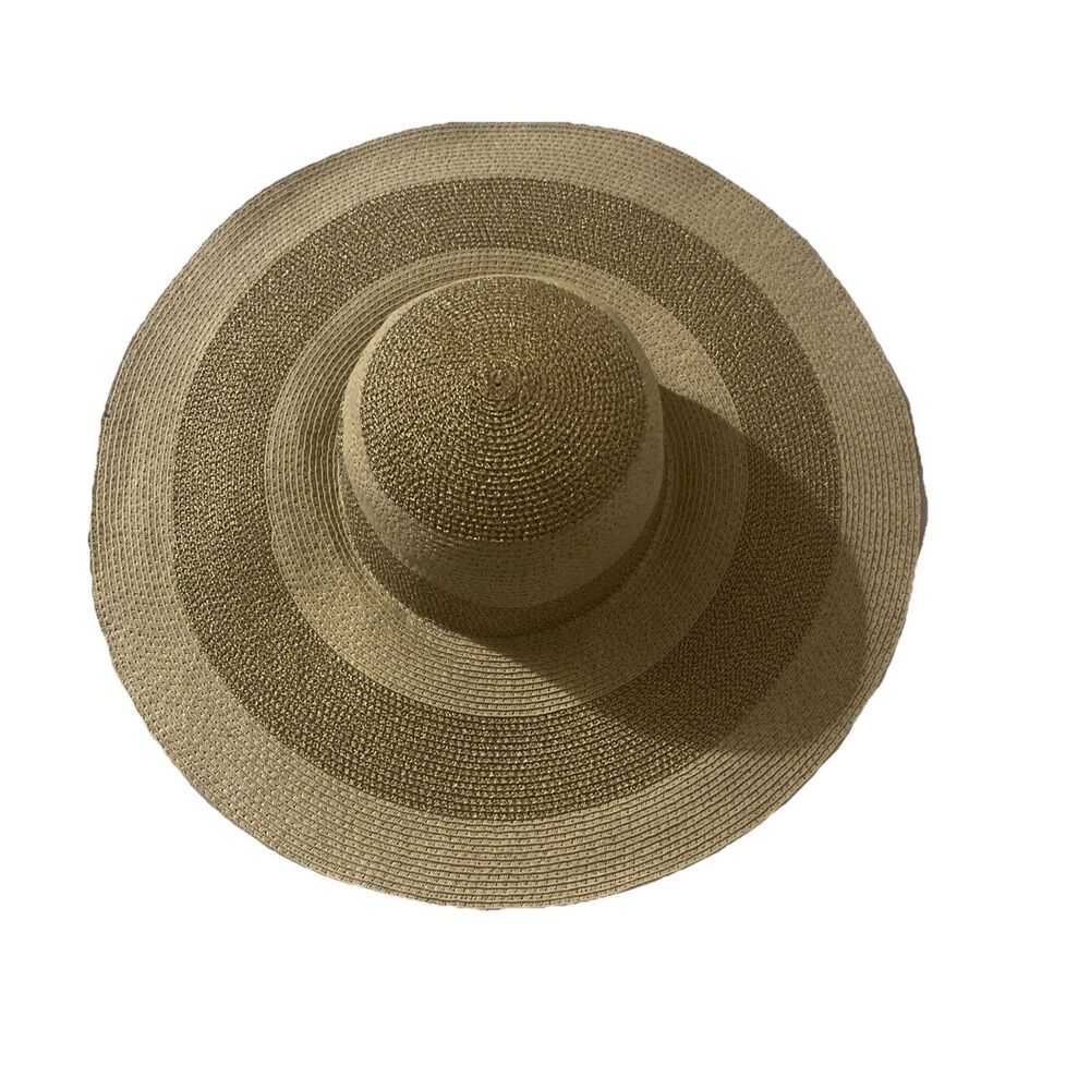 J. Crew Women’s Wide Brim Sun Hat – Tan & Gold Woven Summer Beach Hat
